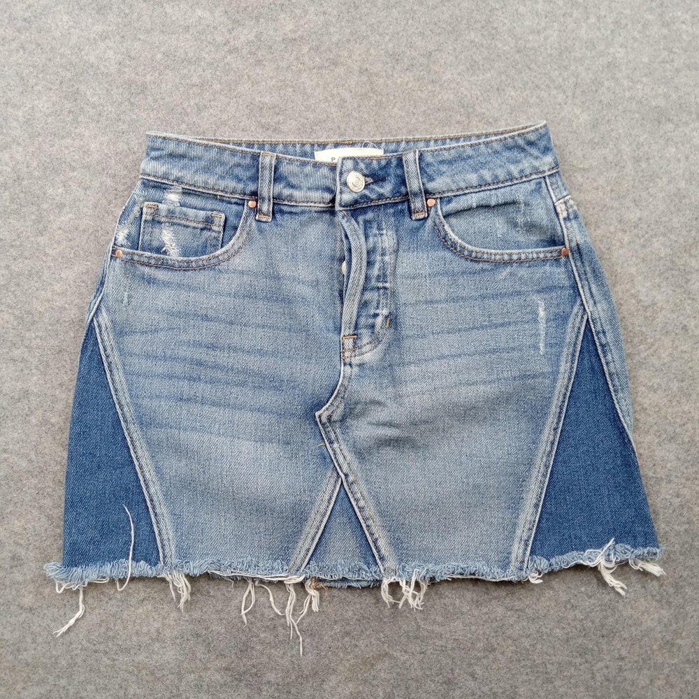 Pacsun Skirt Womens 24 Blue Denim Patchwork Panels Distressed Raw Hem Mini